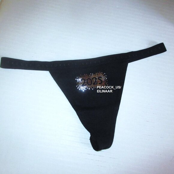 VICTORIA'S SECRET Cotton V-String Thong Panty S M L XL Glitter Graphic Black New - Picture 6 of 7